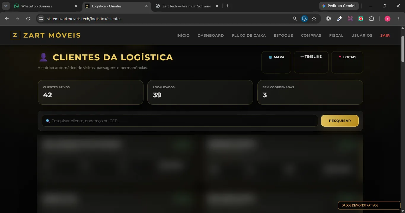 Tela demonstrativa de clientes e histórico logístico